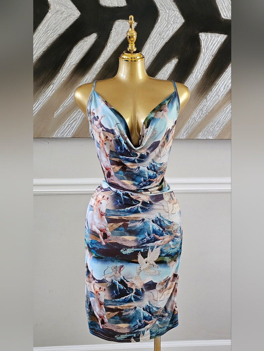 PrettyLittleThing Renaissance Horse Cherub Print Cowl Neck Midi Dress Size 12